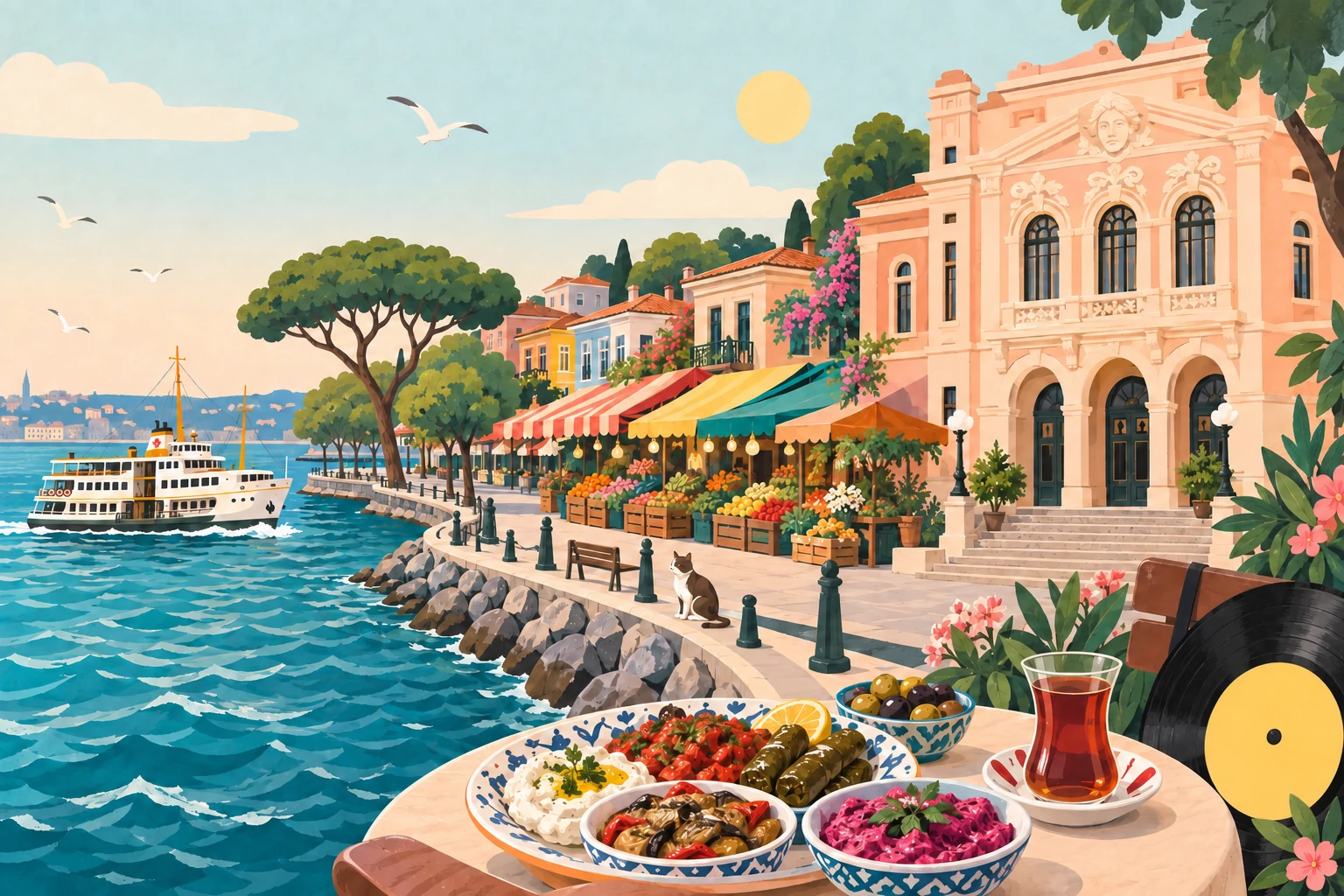 Kadıköy ferry, market awnings and Süreyya Opera House with meze and a vinyl record.
