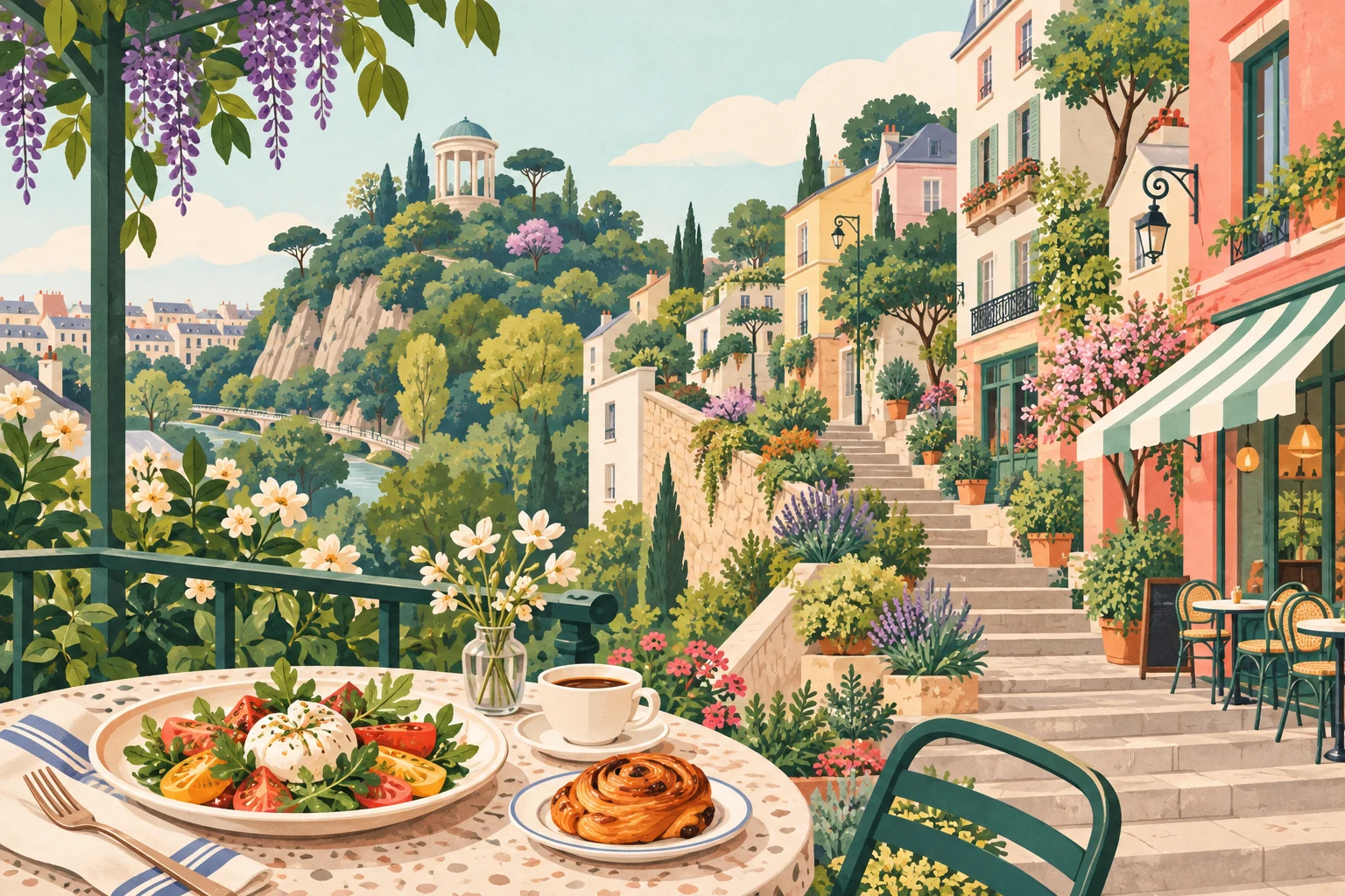Belleville hillside steps, neighborhood cafés and Buttes-Chaumont temple with pastries and lunch plates.