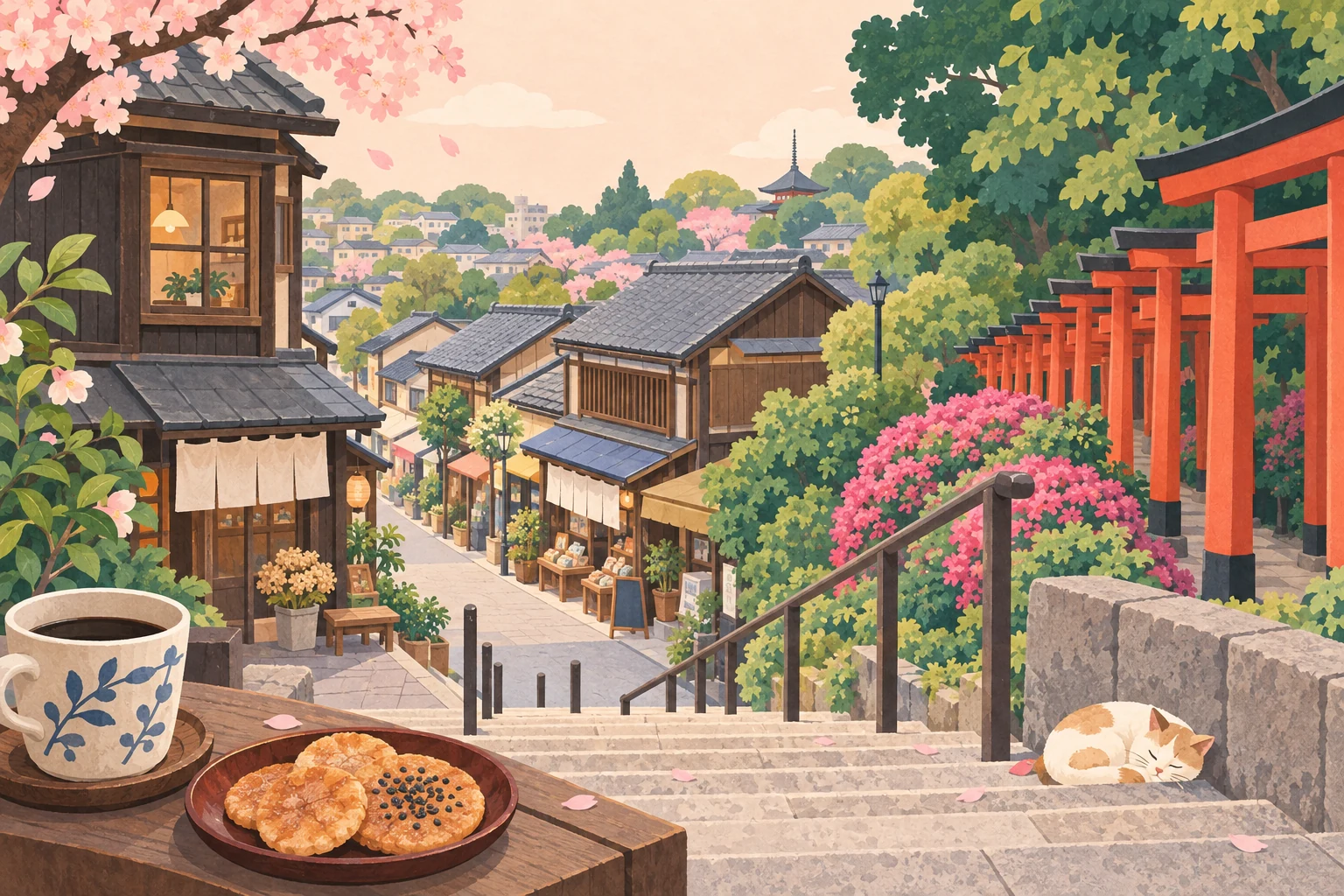 Yanaka’s wooden shops and Yuyake Dandan steps with Nezu torii gates, senbei and coffee.