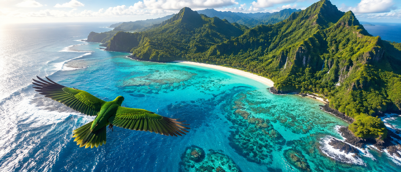 A green bird glides over a turquoise lagoon toward lush Pacific island mountains.