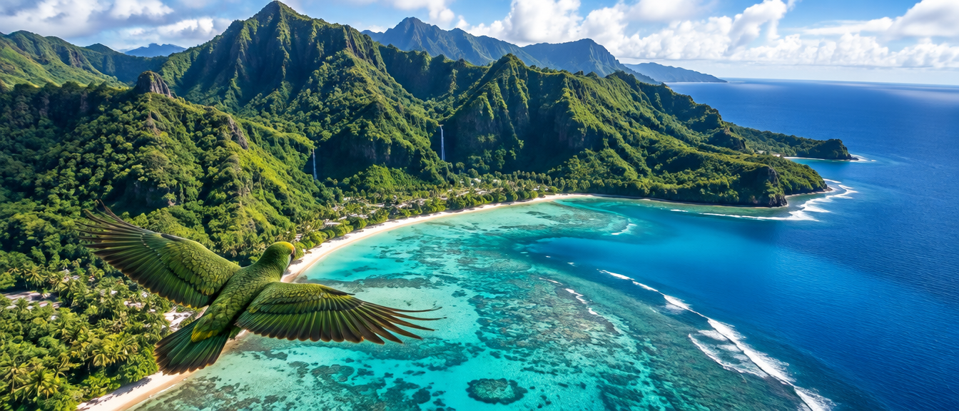 Sunlit green mountains meet a vivid blue ocean and shallow coral reef.